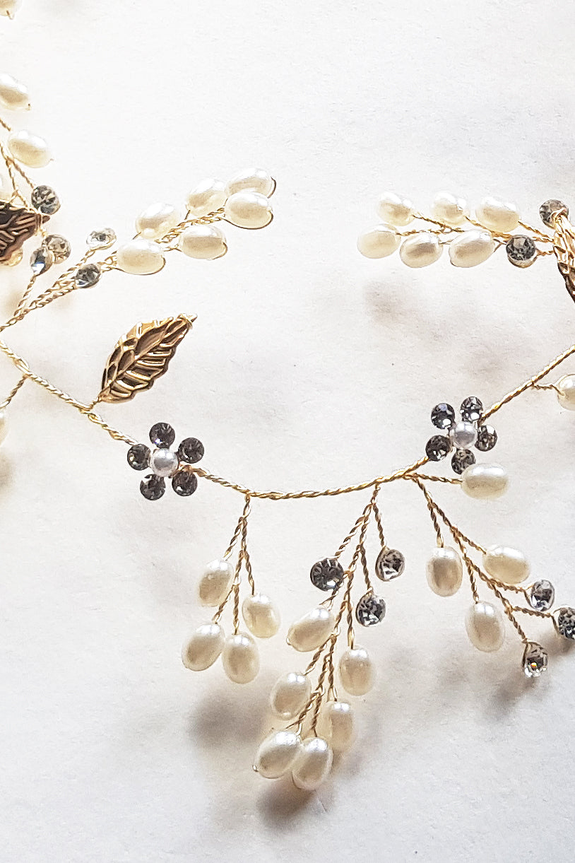 Bridal Hair Vine with Gold Leaf and Pearl