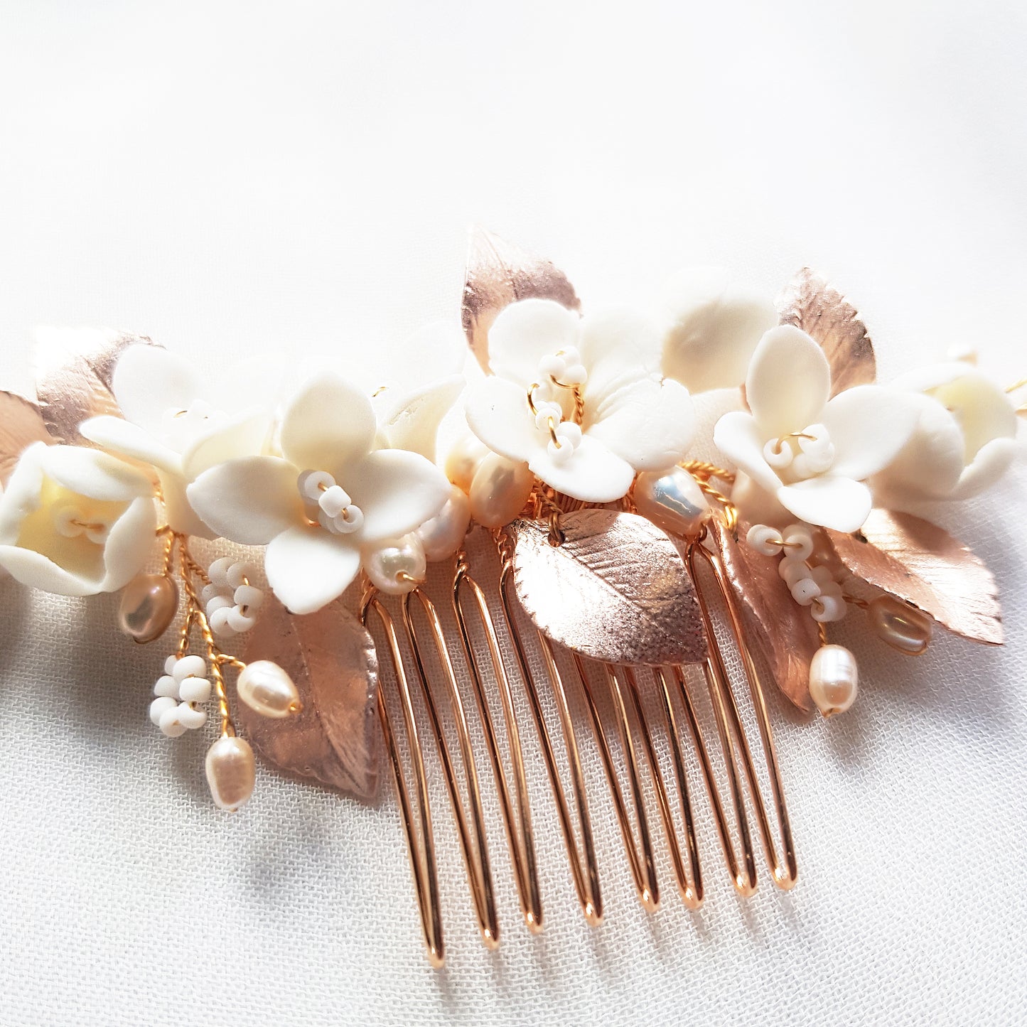 Flower hair accessories wedding, white flower comb rose gold