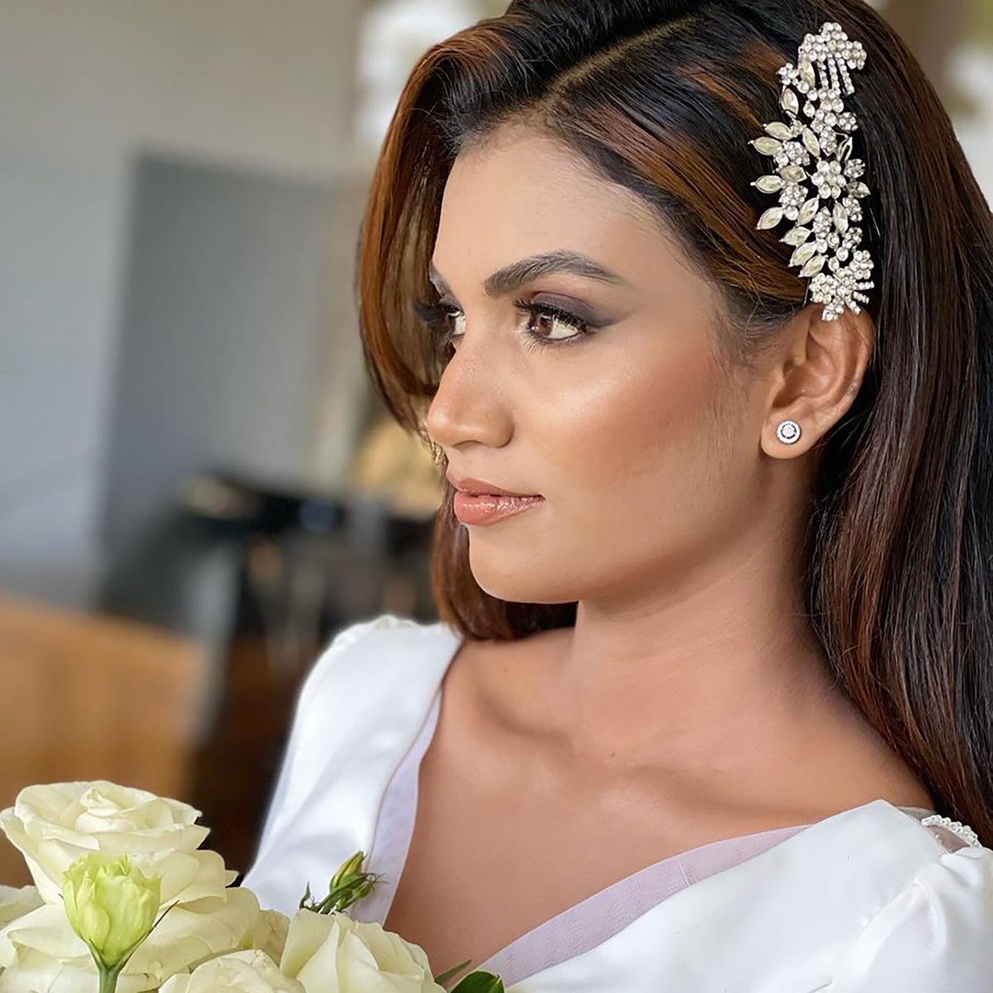 Silver crystal bridal hair comb side