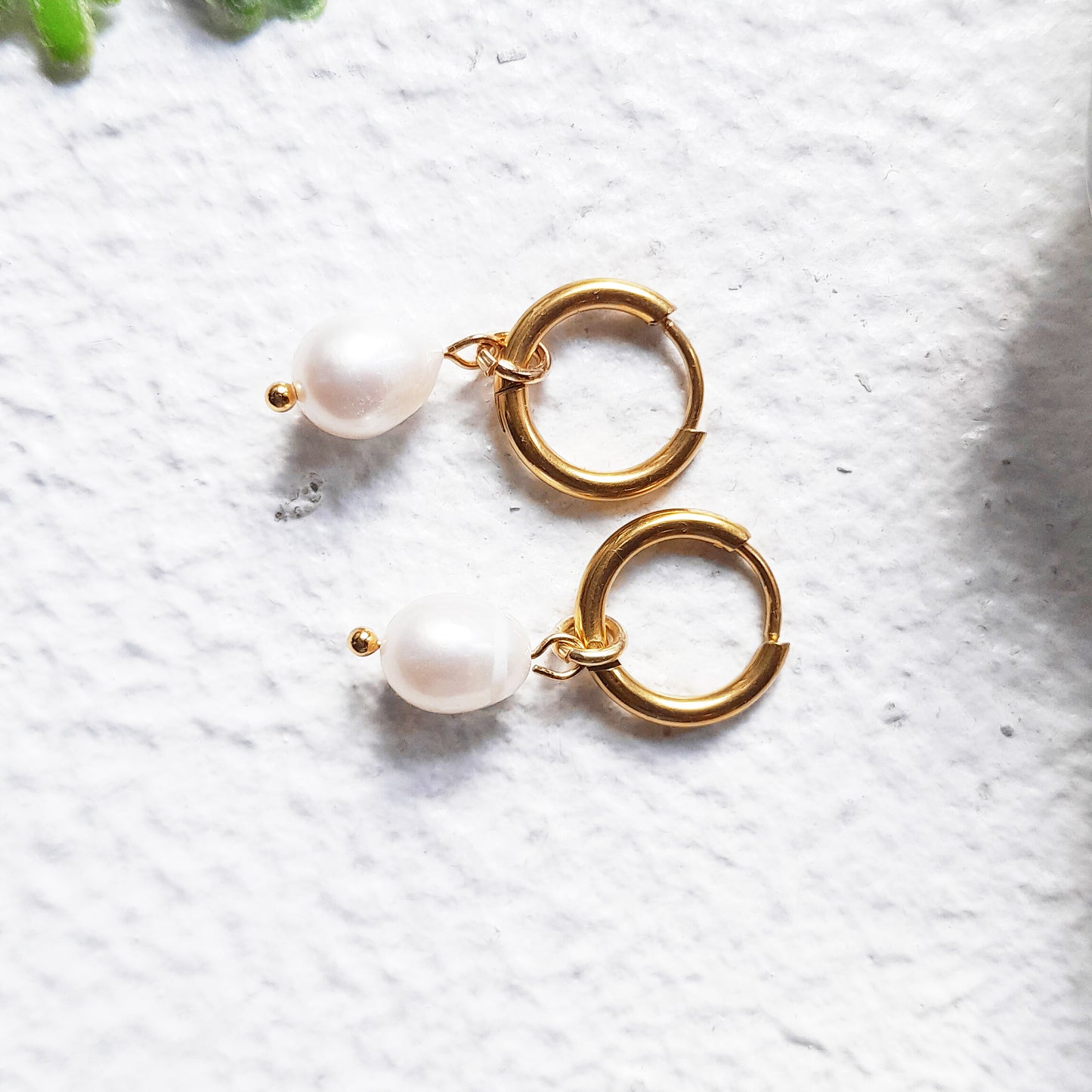 Small Gold Hoop Earrings with Oval Baroque Pearls