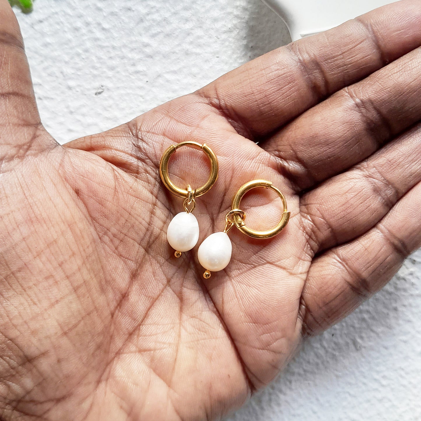 Small Gold Hoop Earrings with Oval Baroque Pearls