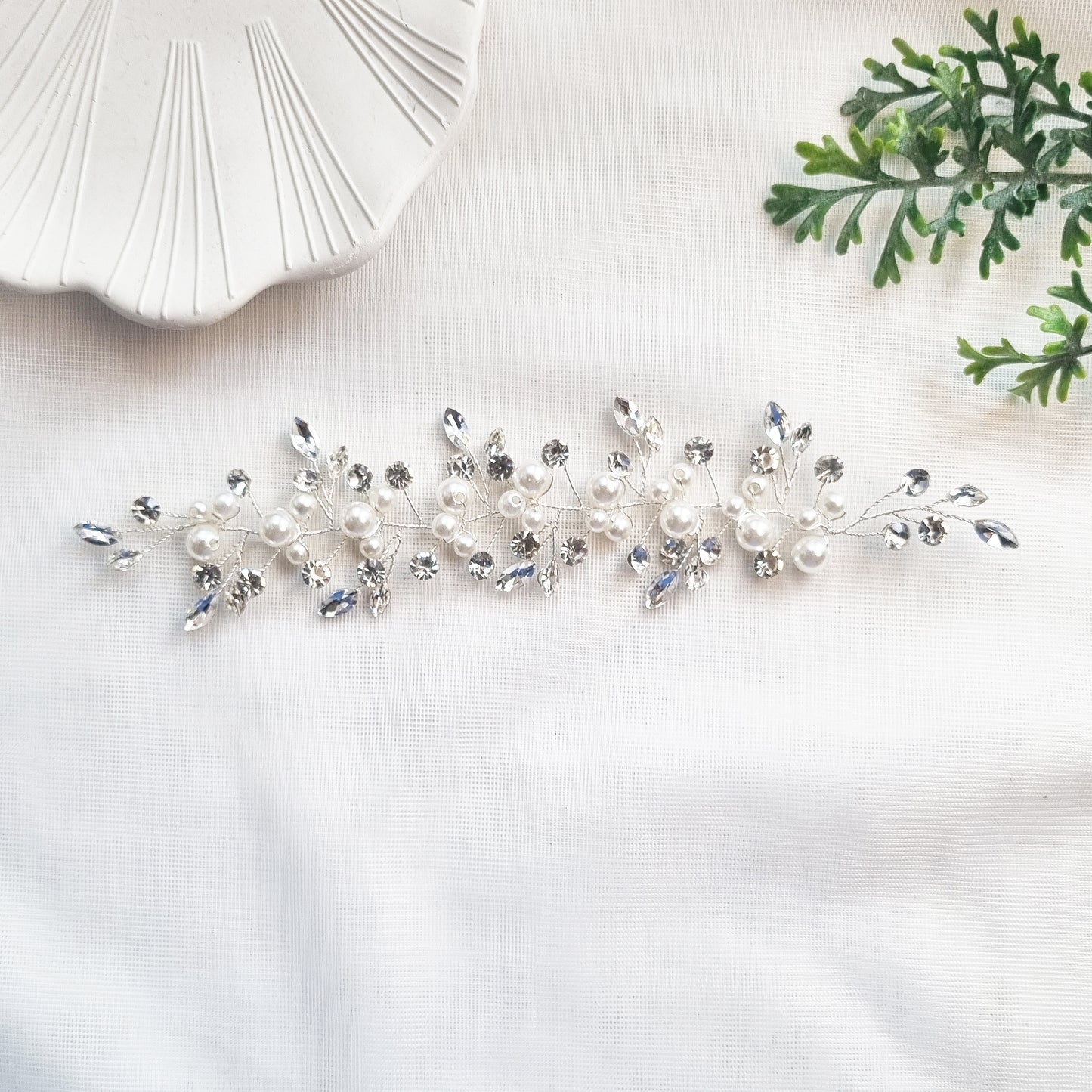 Short Pearl & Crystal Bridal Hair Vine