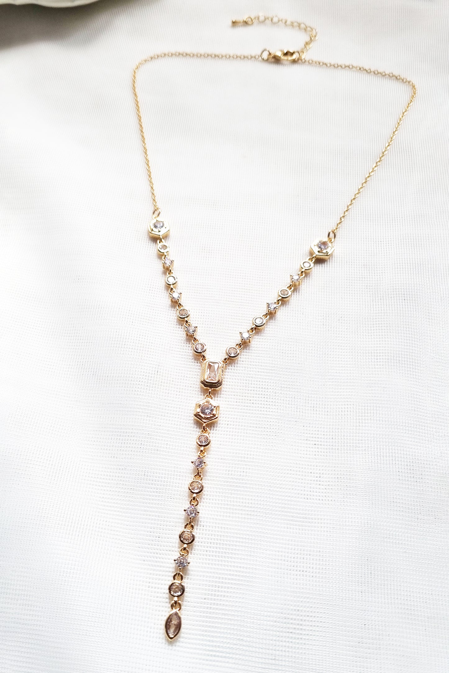 18K Gold Plated Lariat Necklace - Bezel Set CZ