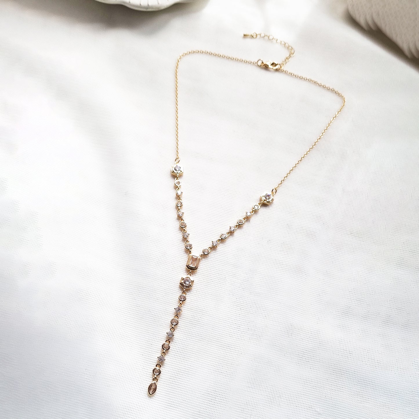 18K Gold Plated Lariat Necklace - Bezel Set CZ
