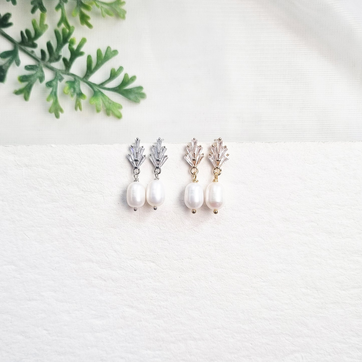 Freshwater Pearl & Baguette Stud Earrings