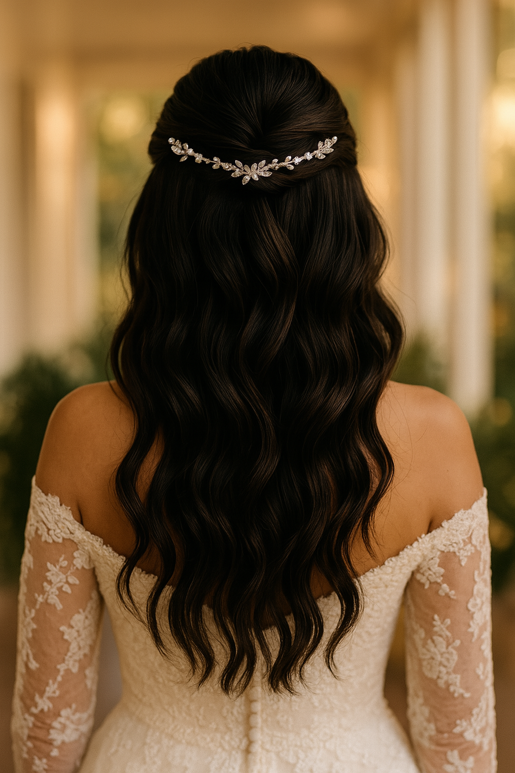 Bride with long, wavy hair wearing a delicate headpiece in an outdoor setting.