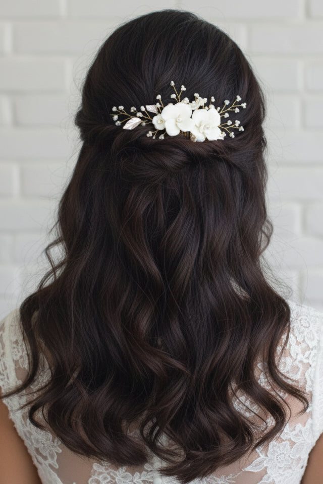 Gold Ceramic Floral Bridal Comb with Pearls and Rose Gold Leaves