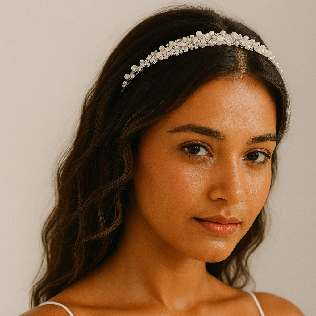 Woman wearing a white headband with pearls against a neutral background