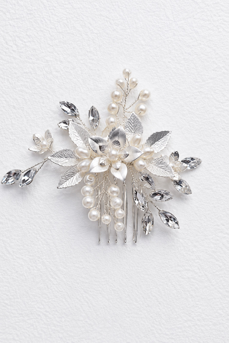 Silver Leaf Bridal Hair Comb with Pearls