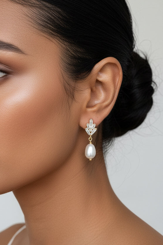 Freshwater Pearl & Baguette Stud Earrings