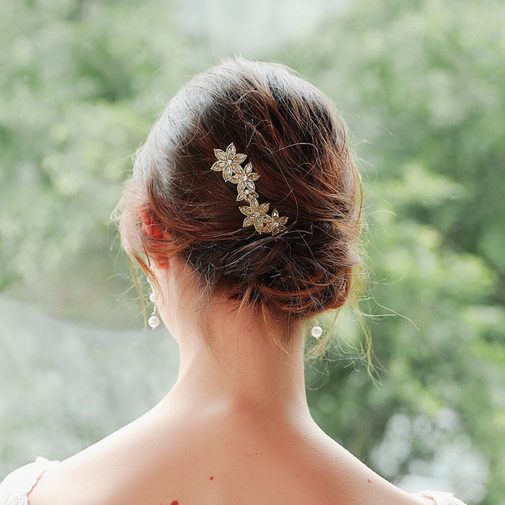 Floral crystal hair pins gold - set of 2