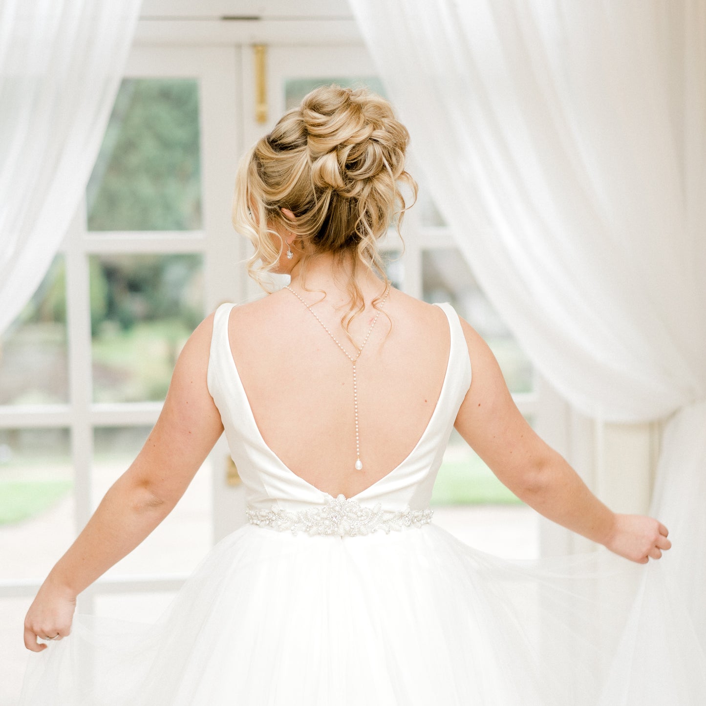 pearl backdrop necklace, pearl bridal jewelry for backless or low back dress