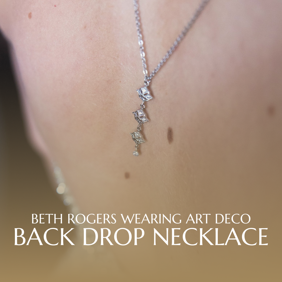 Real Weddings - Beth Rogers wearing Art Deco Back Drop Necklace