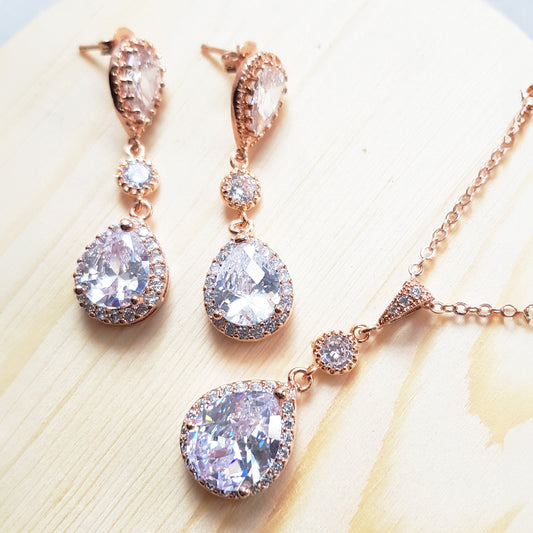 Rose gold earrings and necklace set, rose gold wedding jewelry