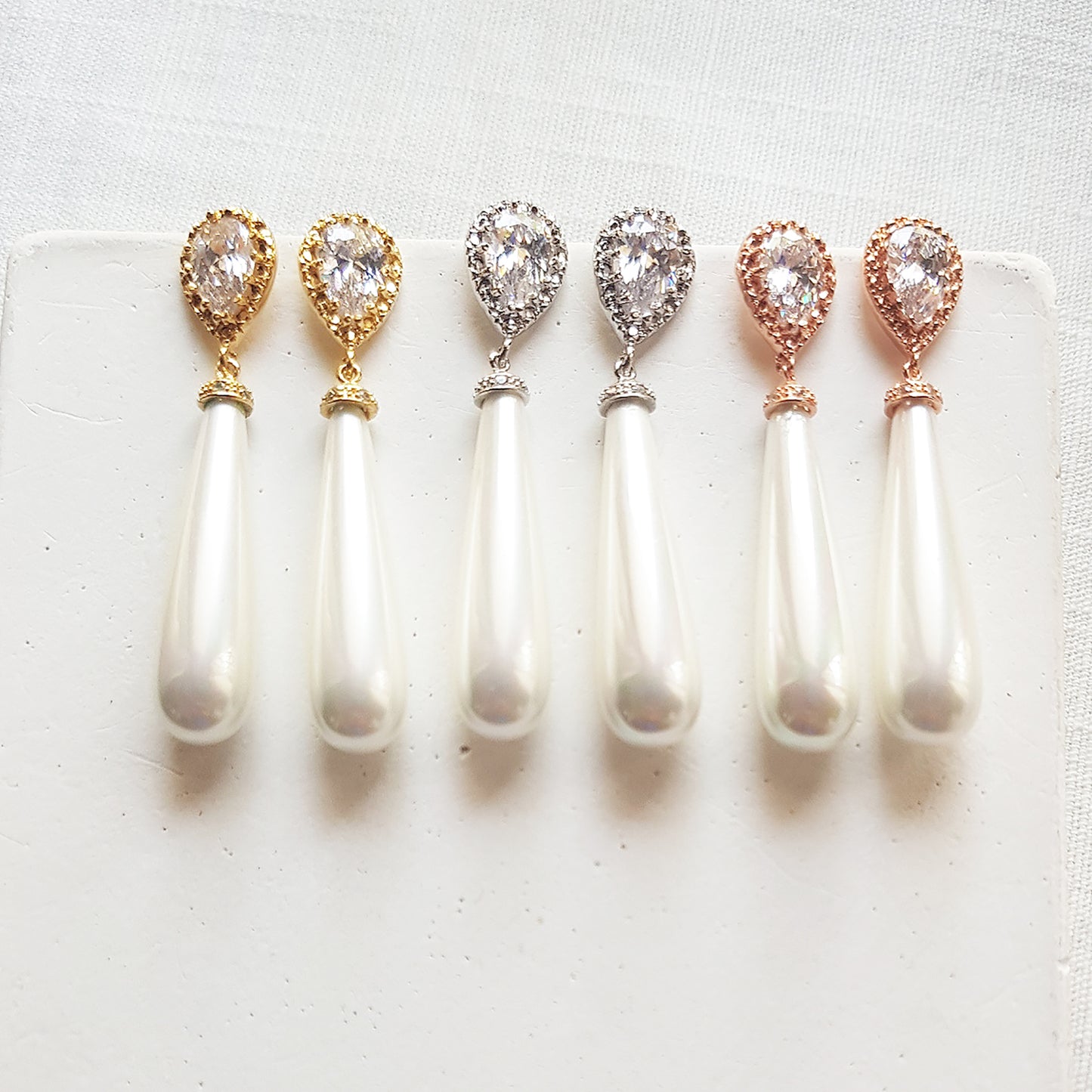 Pearl and Crystal drop earrings in gold, silver and rose gold