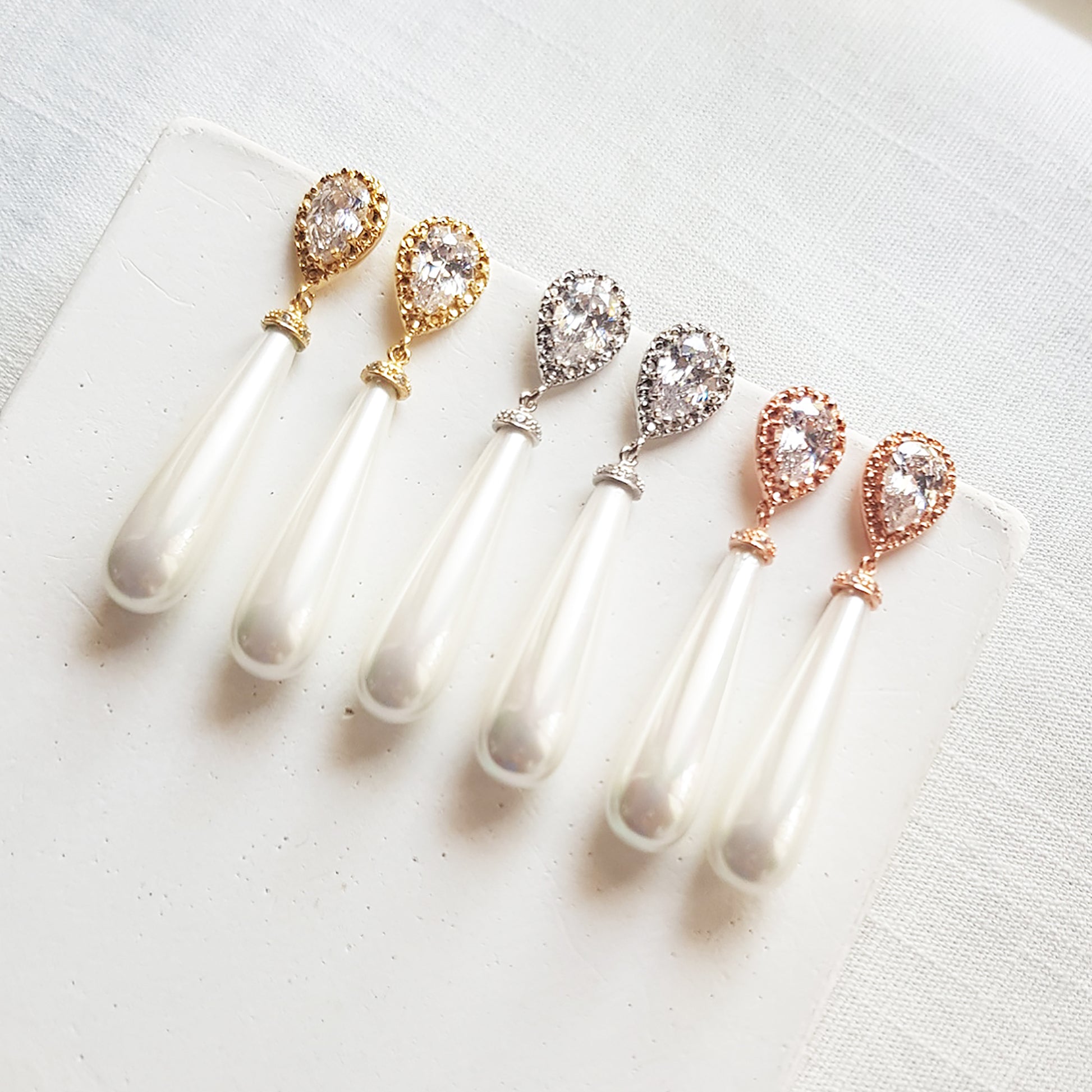 Pearl and Crystal drop earrings in gold, silver and rose gold