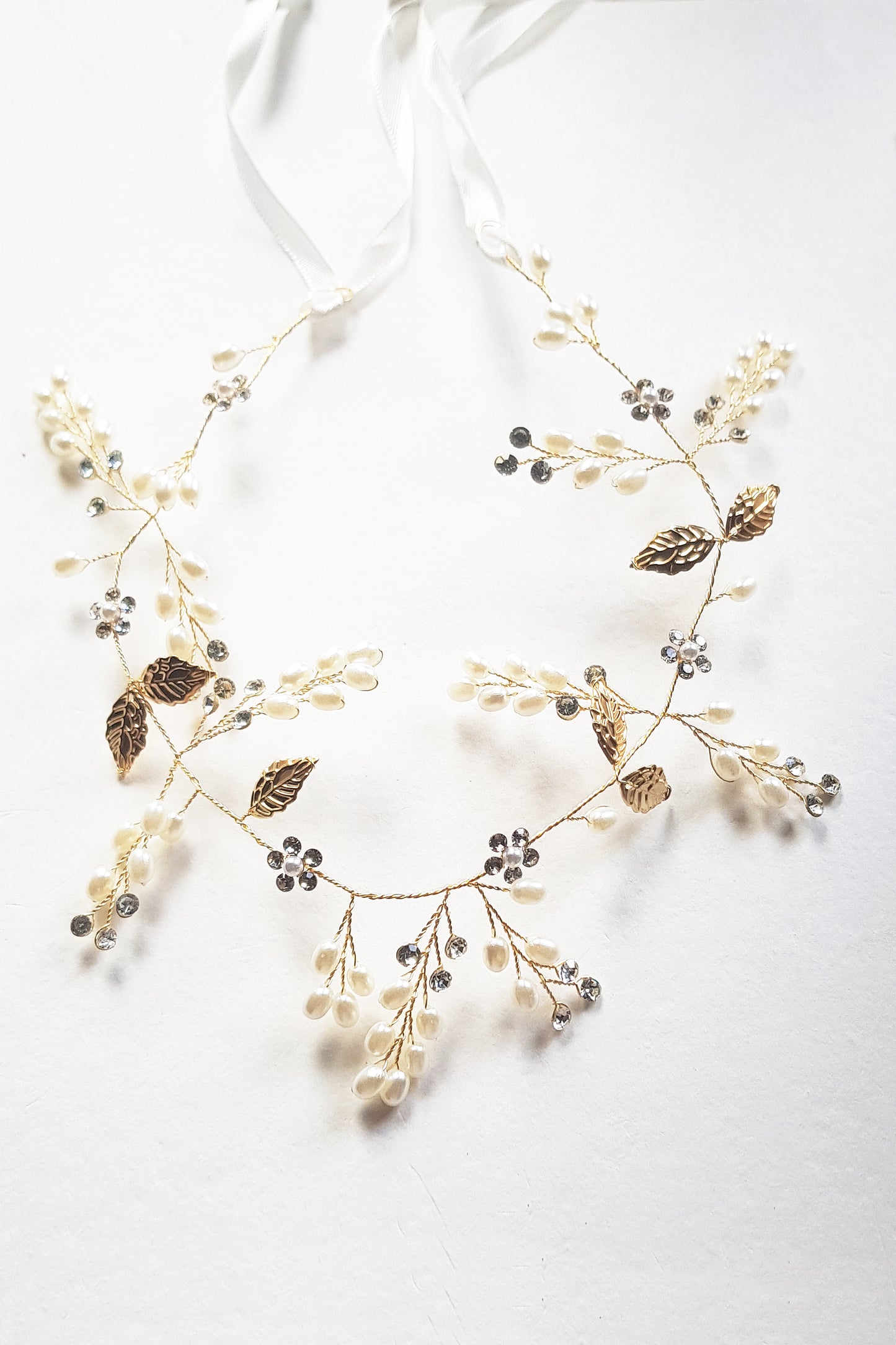 Bridal Hair Vine  with Gold Leaf and Pearl