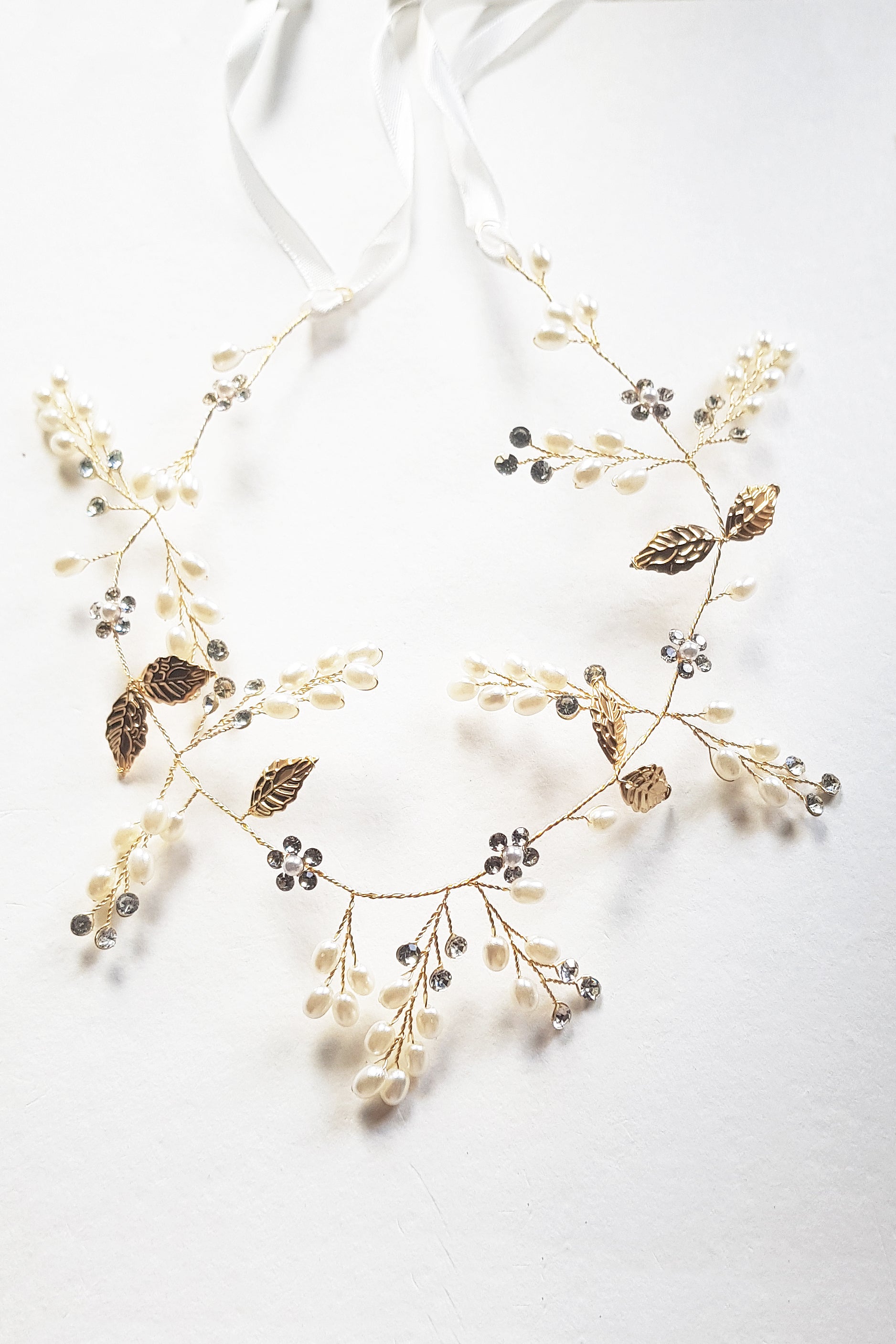 Bridal Hair Vine  with Gold Leaf and Pearl