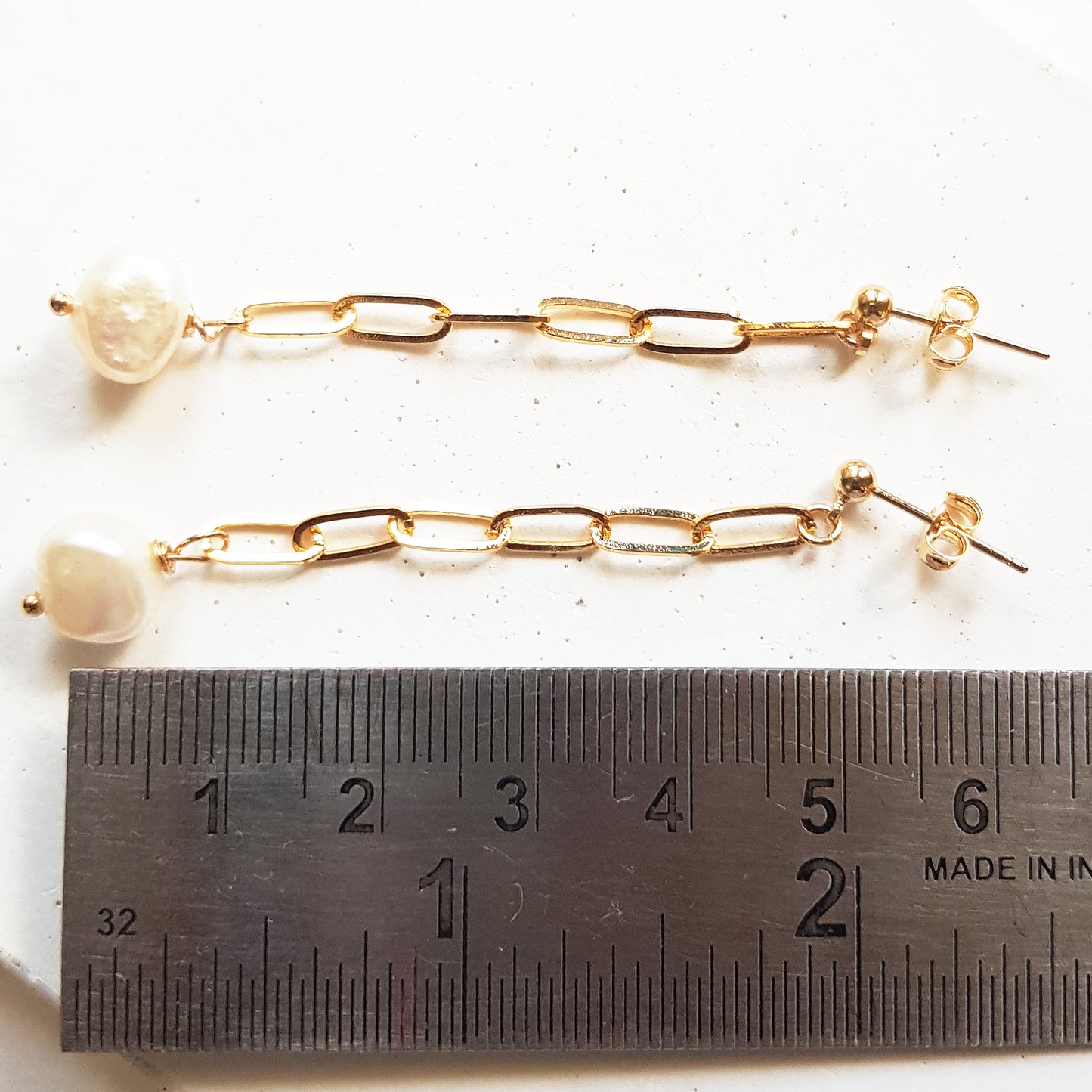 Long baroque pearl drop earrings gold with link chain