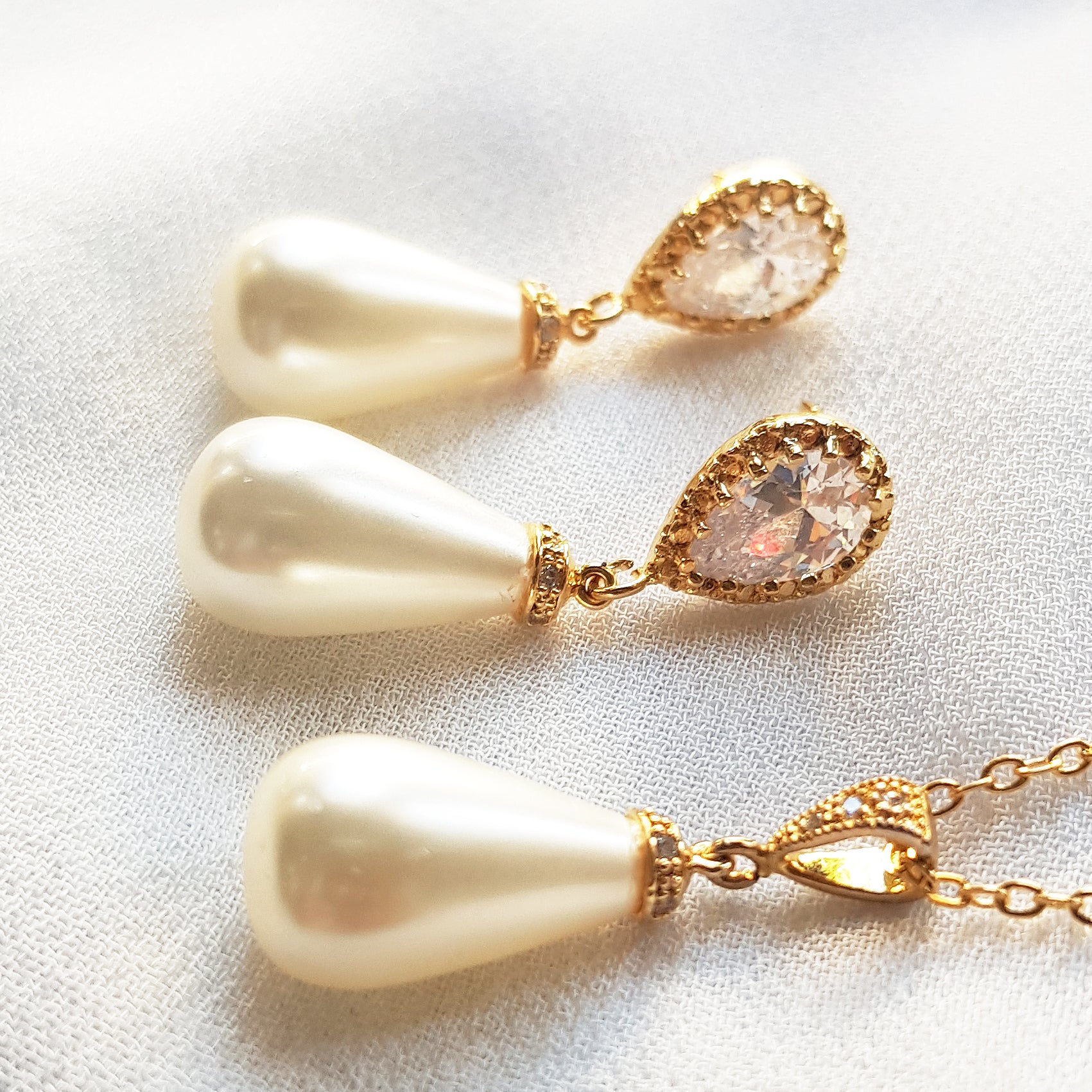 pearl teardrop earrings and necklace set, pearl drop earrings gold, silver, rose gold