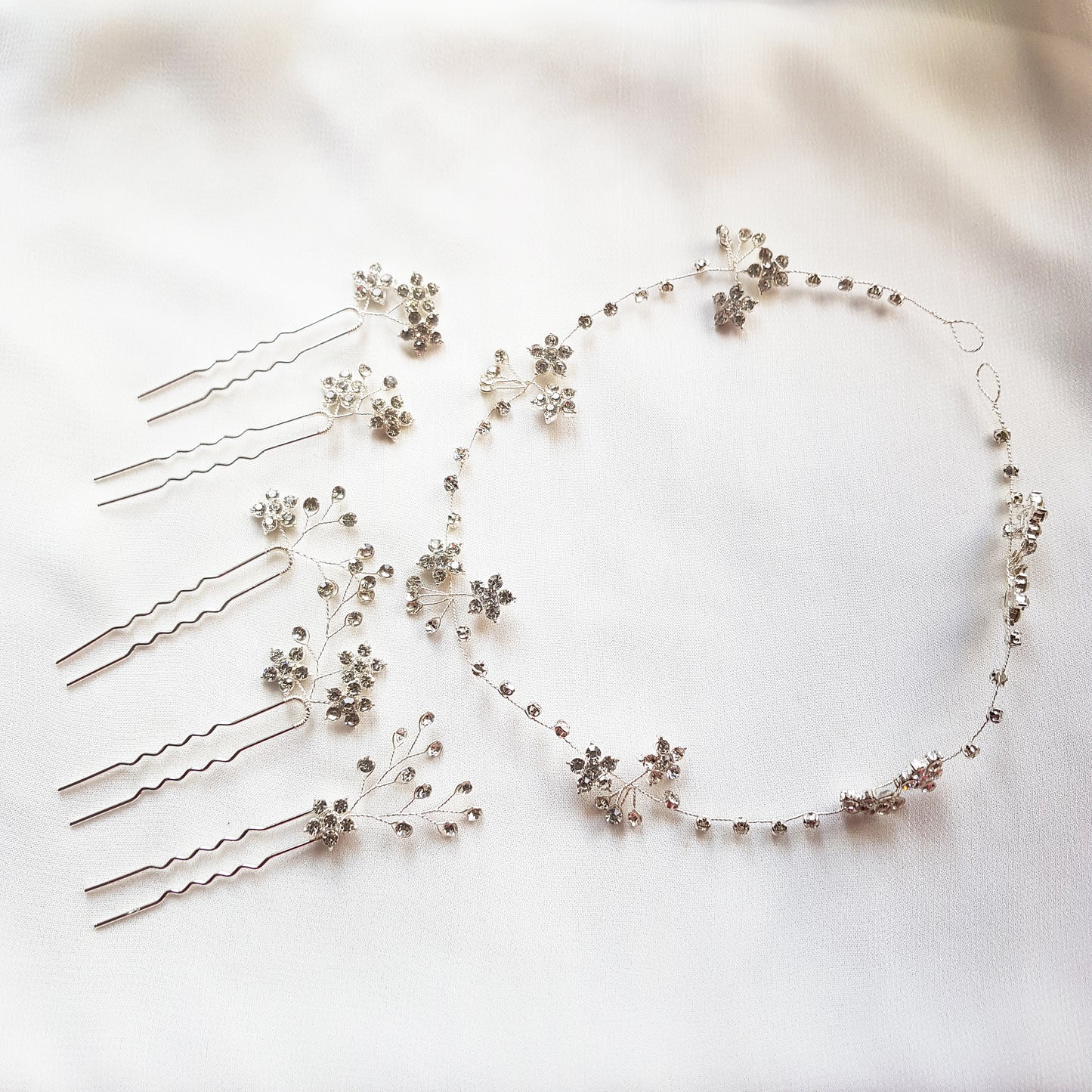 Dainty crystal bridal hair vine available in silver, gold