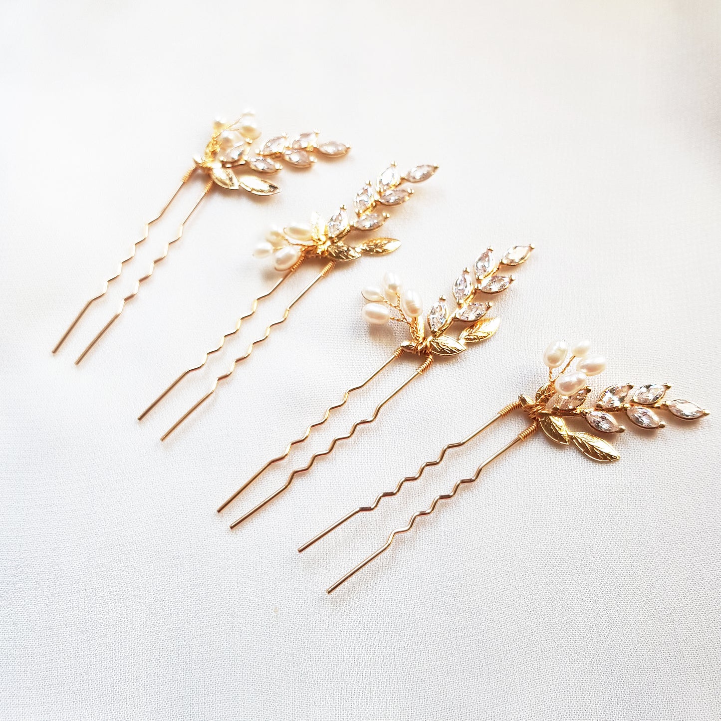 Gold leaf crystal bridal hairpins Set of 4