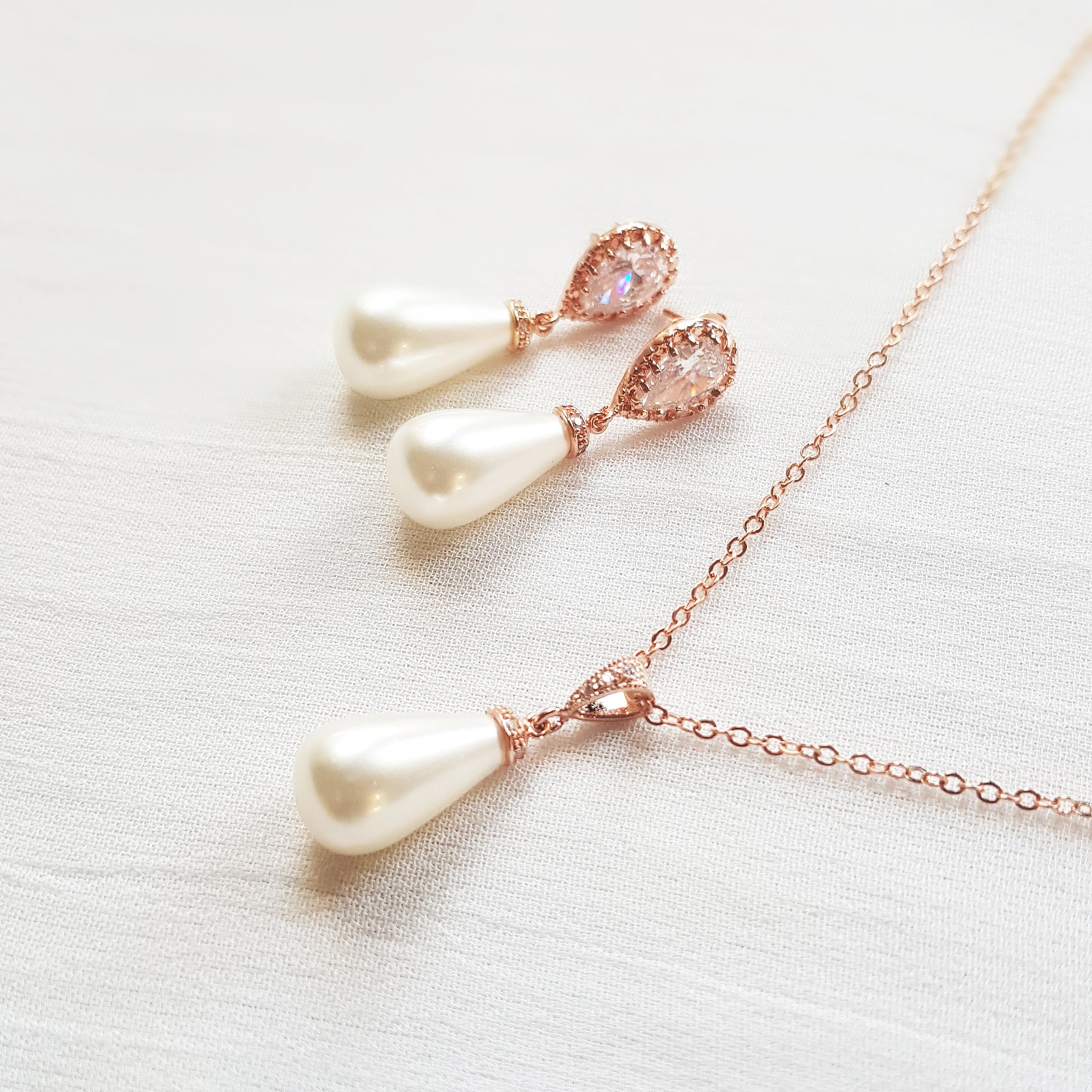 pearl teardrop earrings and necklace set, pearl drop earrings gold, silver, rose gold