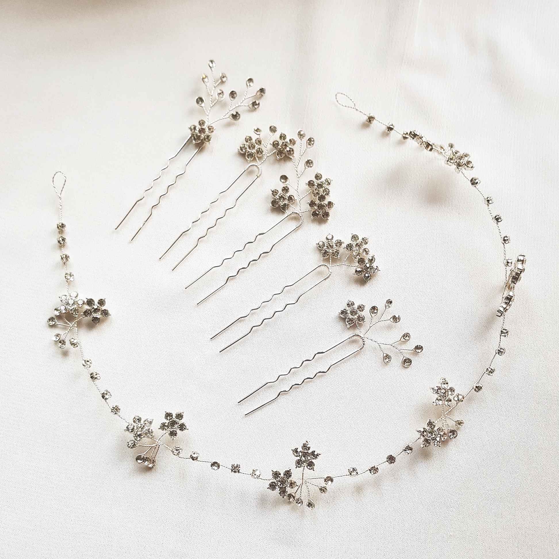 Dainty crystal bridal hair vine available in silver, gold