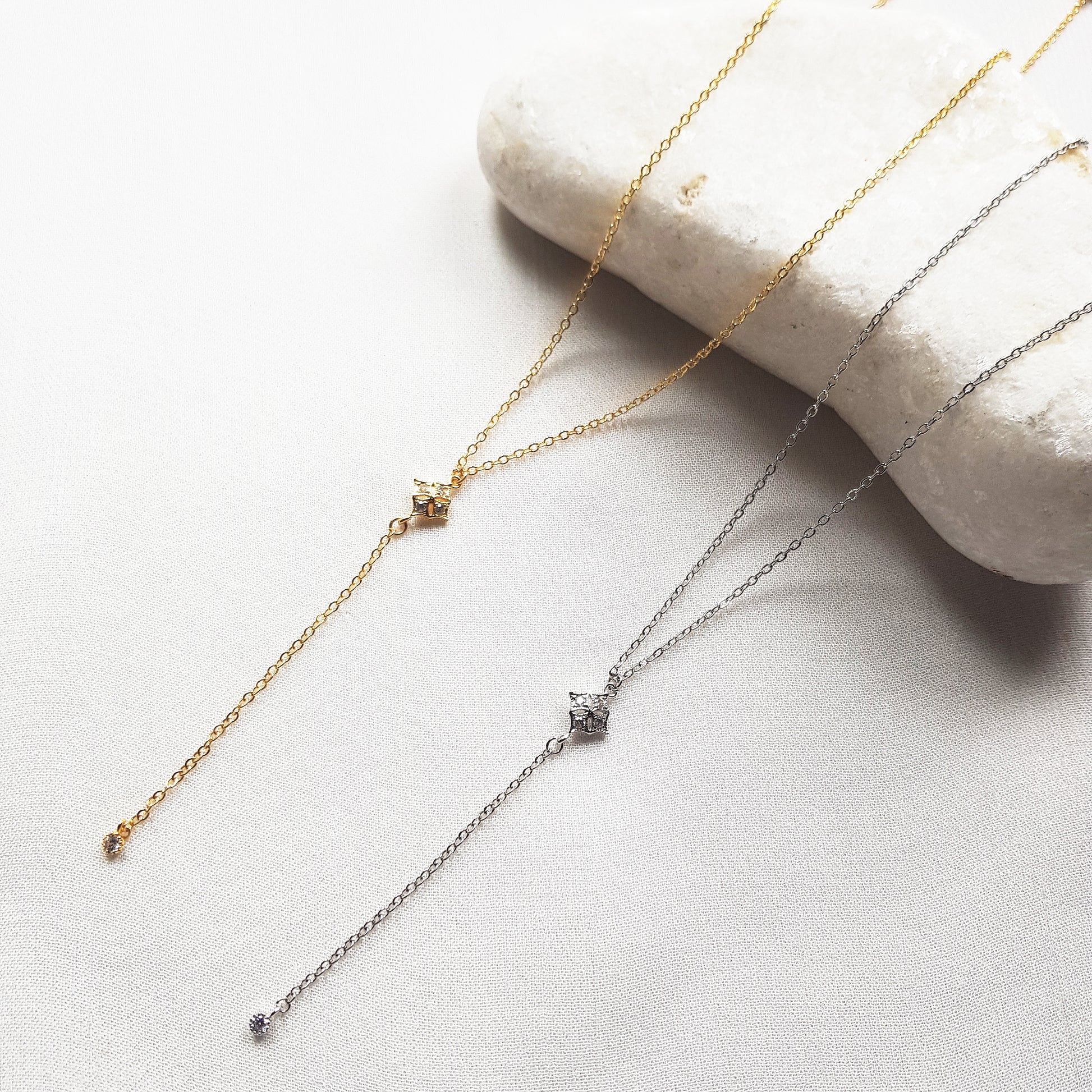 Dainty lariat necklace for weddings, y necklace in gold, silver