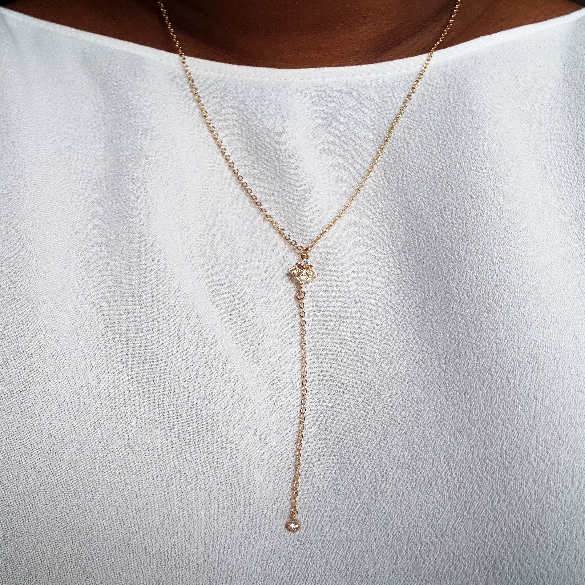 Dainty lariat necklace for weddings, y necklace in gold, silver