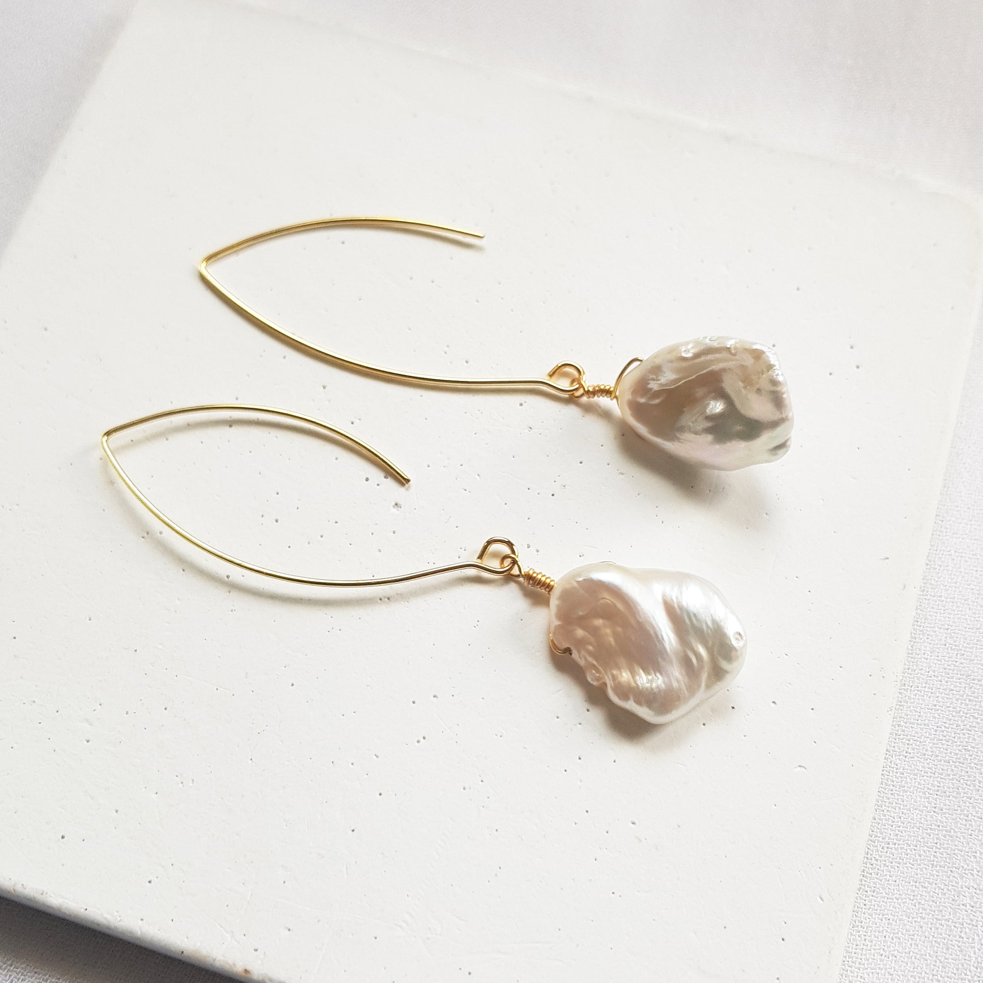 Irregular baroque pearl petal earrings, long keshi pearl earrings