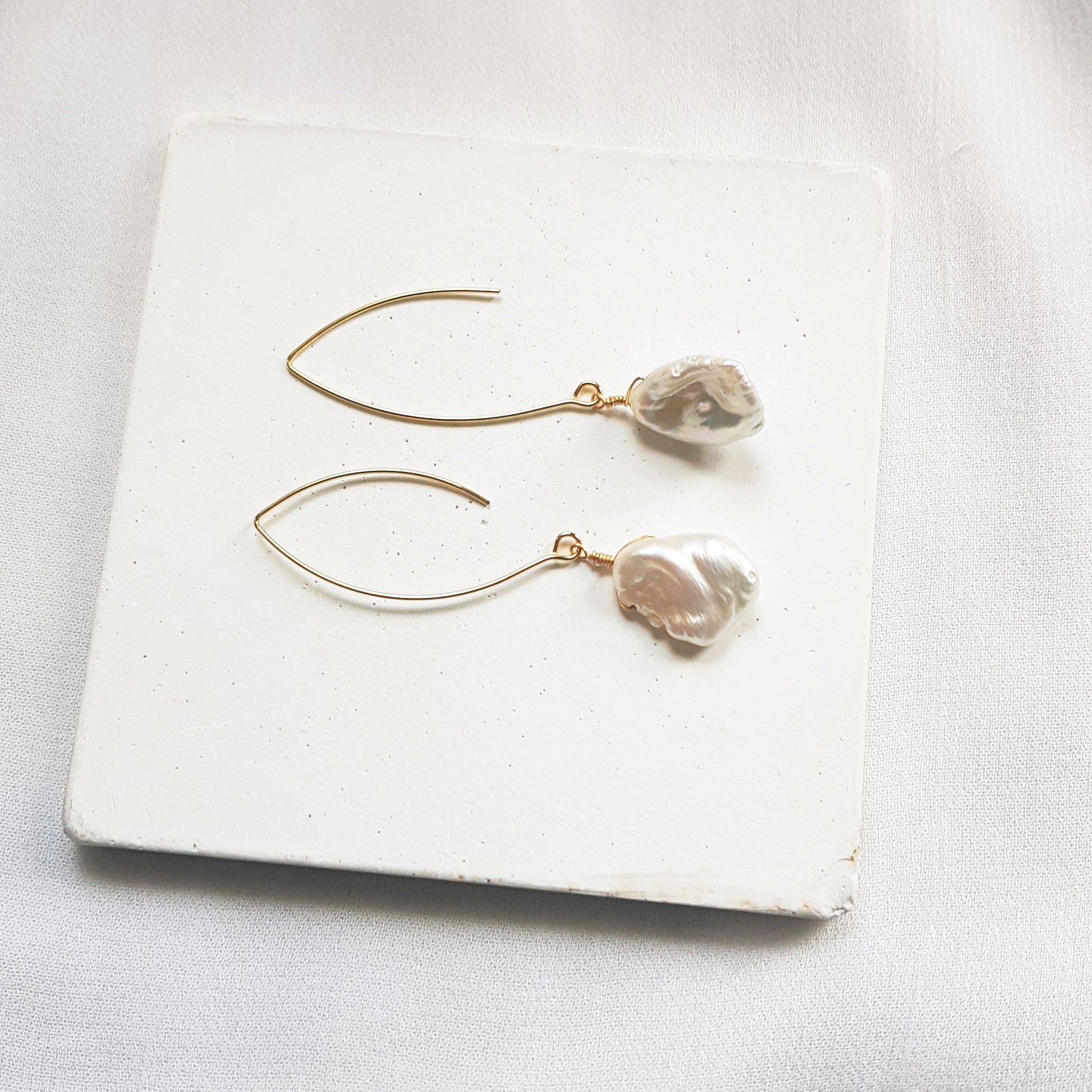 Irregular baroque pearl petal earrings, long keshi pearl earrings