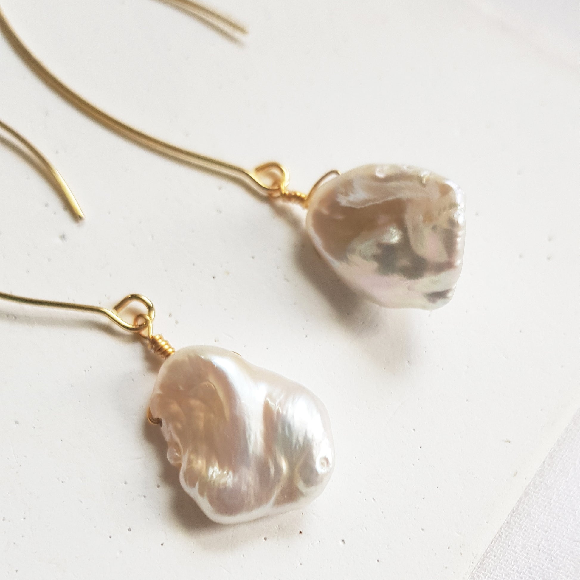 Irregular baroque pearl petal earrings, long keshi pearl earrings