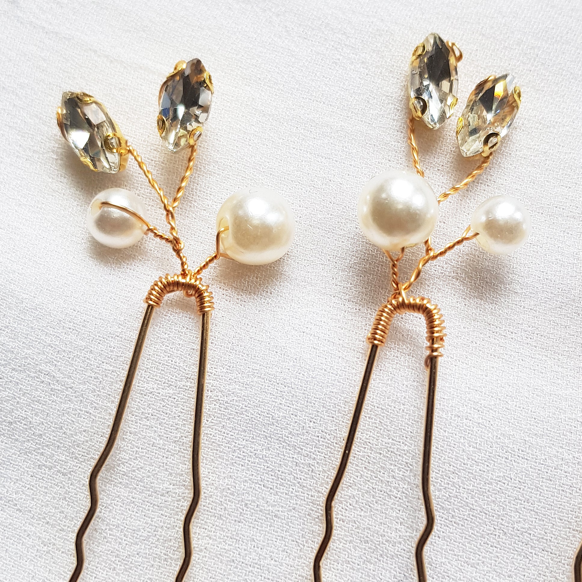 Dainty rhinestone and pearl bridal hairpins