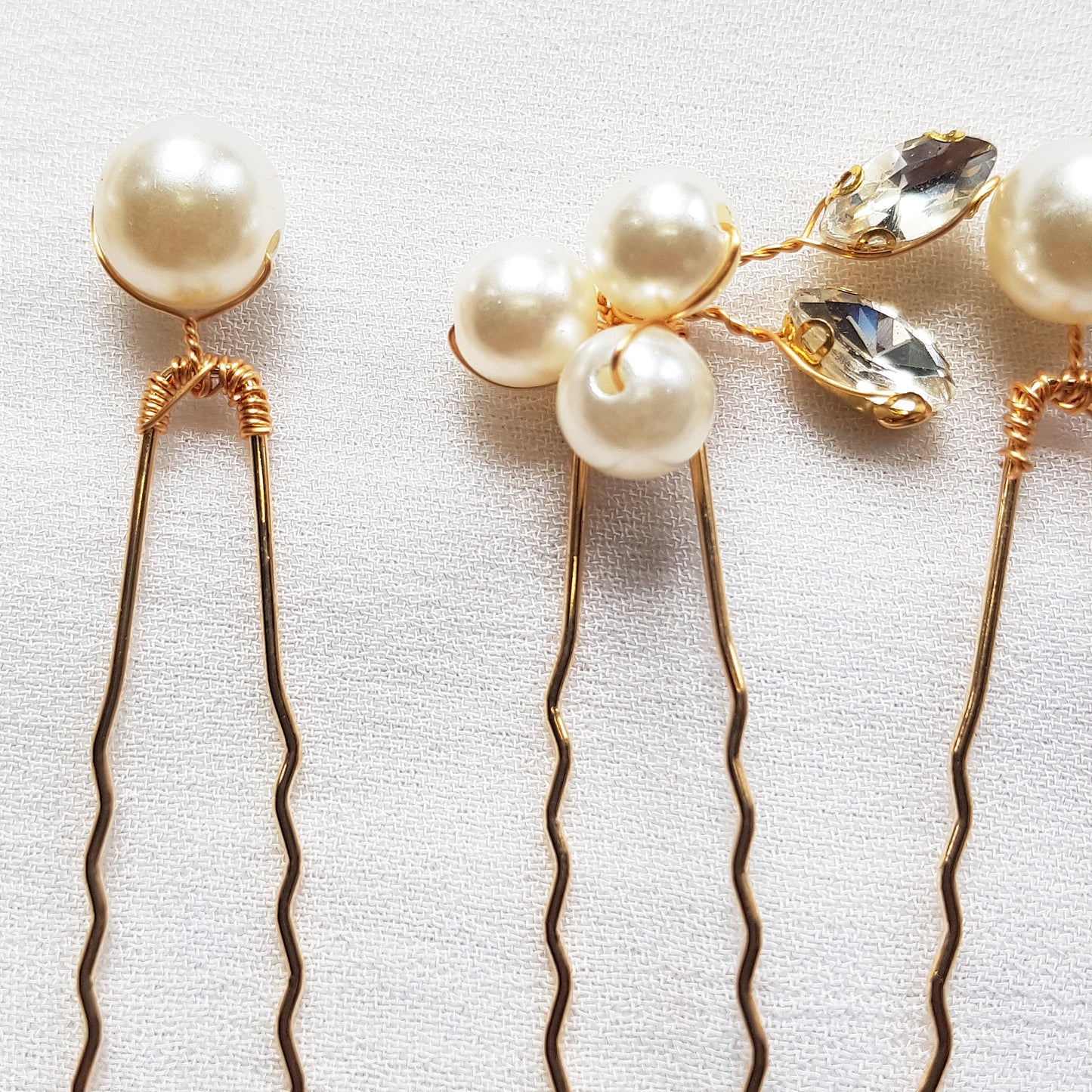 Dainty rhinestone and pearl bridal hairpins