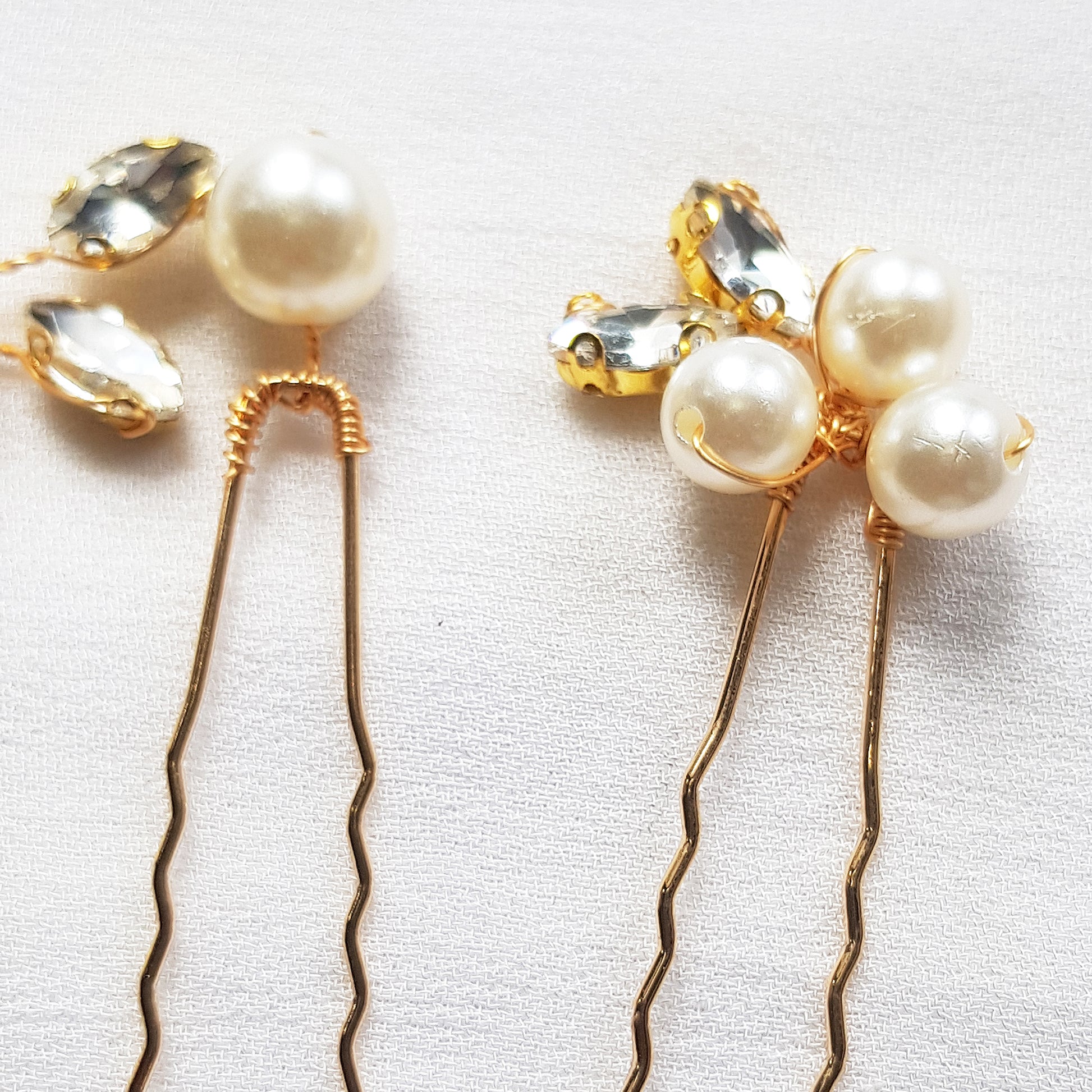 Dainty rhinestone and pearl bridal hairpins