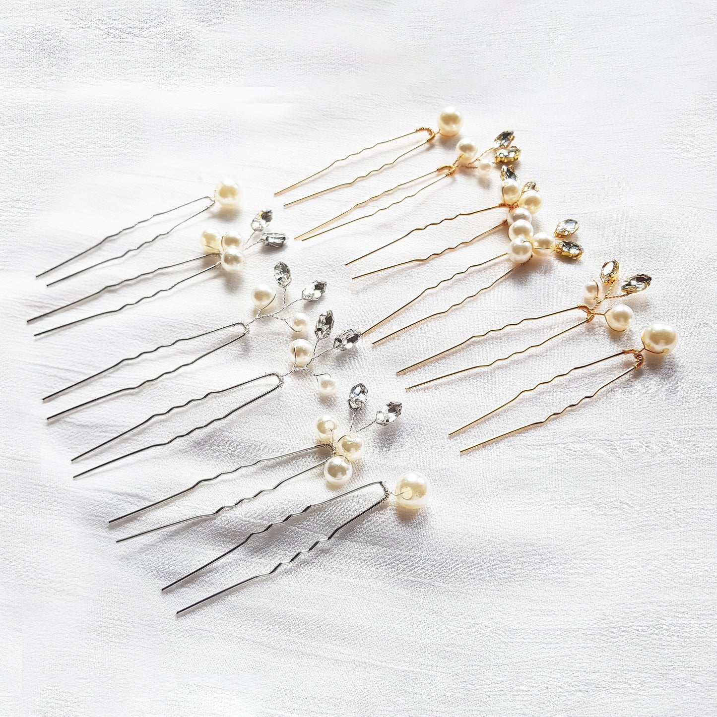 Dainty rhinestone and pearl bridal hairpins