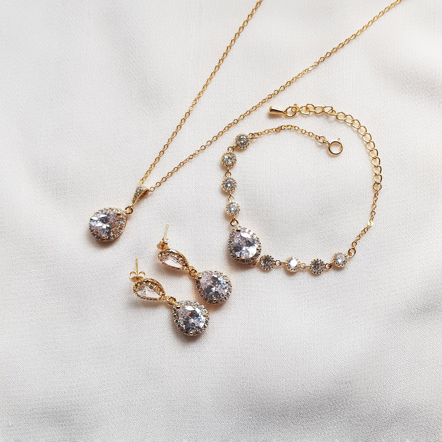 Gold teardrop crystal bridal earrings, bridal jewelry set