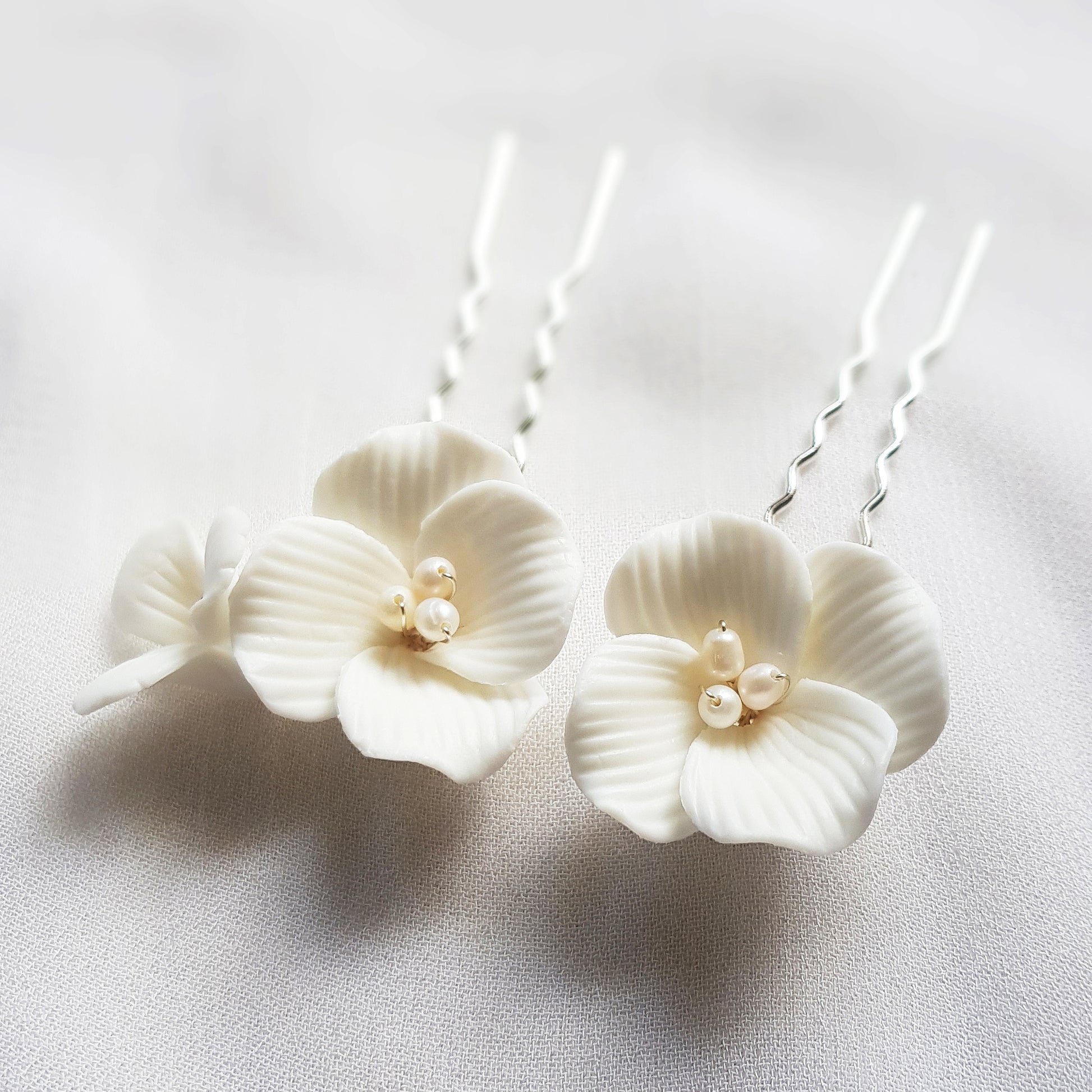 white flower hair pins set of 2, ceramic floral bridal hair accessories