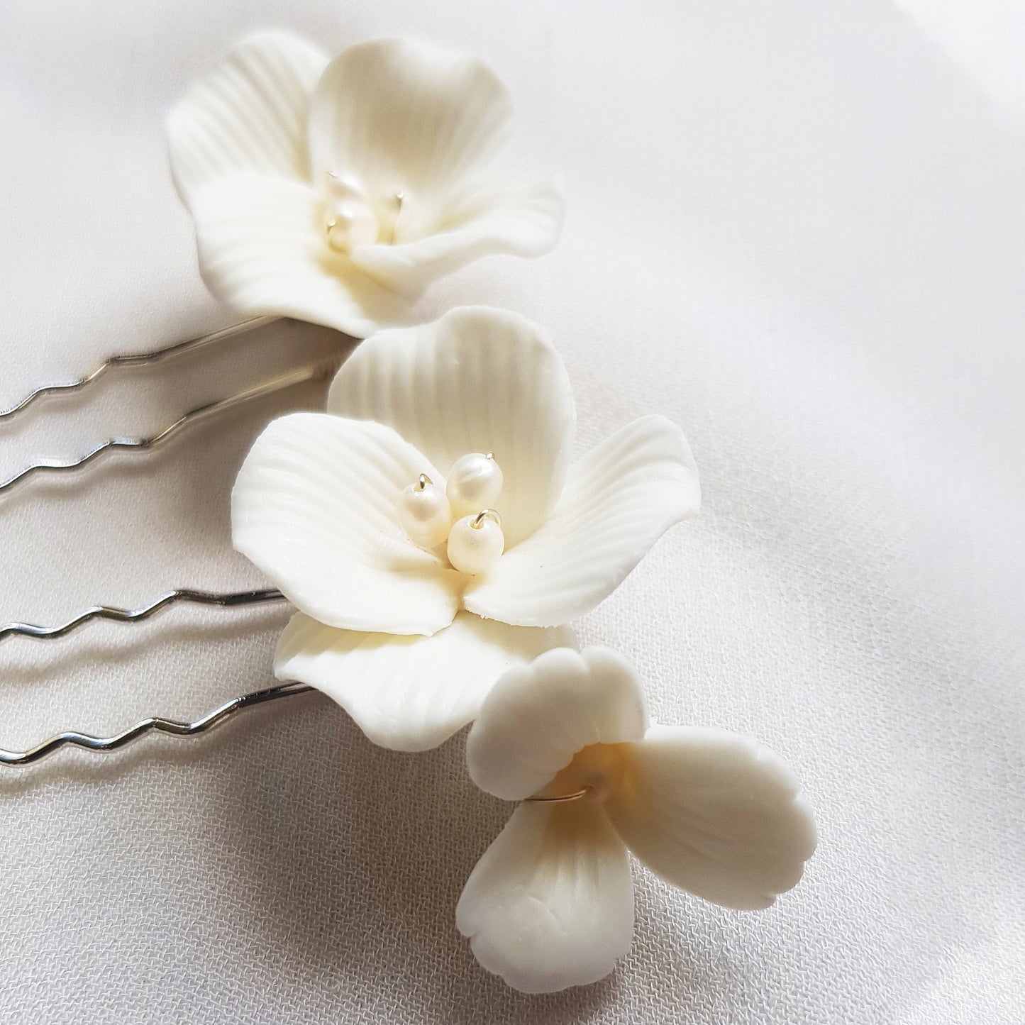 white flower hair pins set of 2, ceramic floral bridal hair accessories