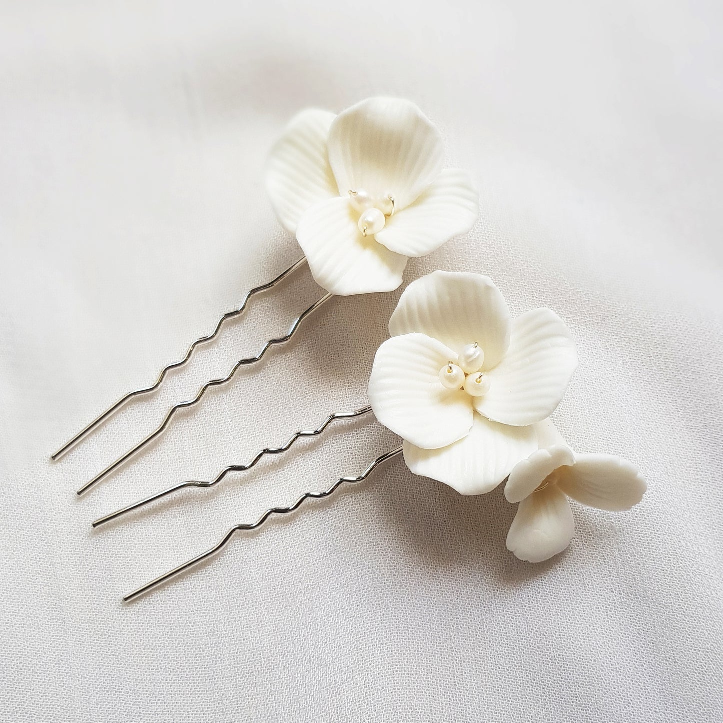 white flower hair pins set of 2, ceramic floral bridal hair accessories