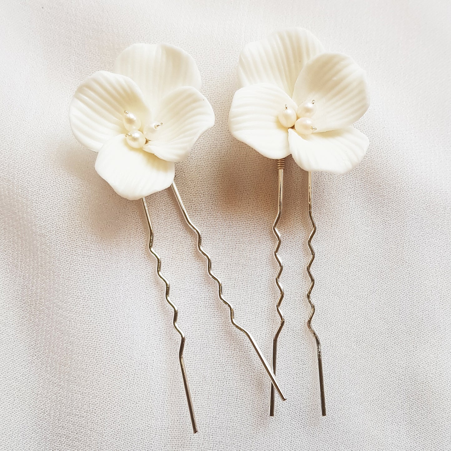 white flower hair pins set of 2, ceramic floral bridal hair accessories