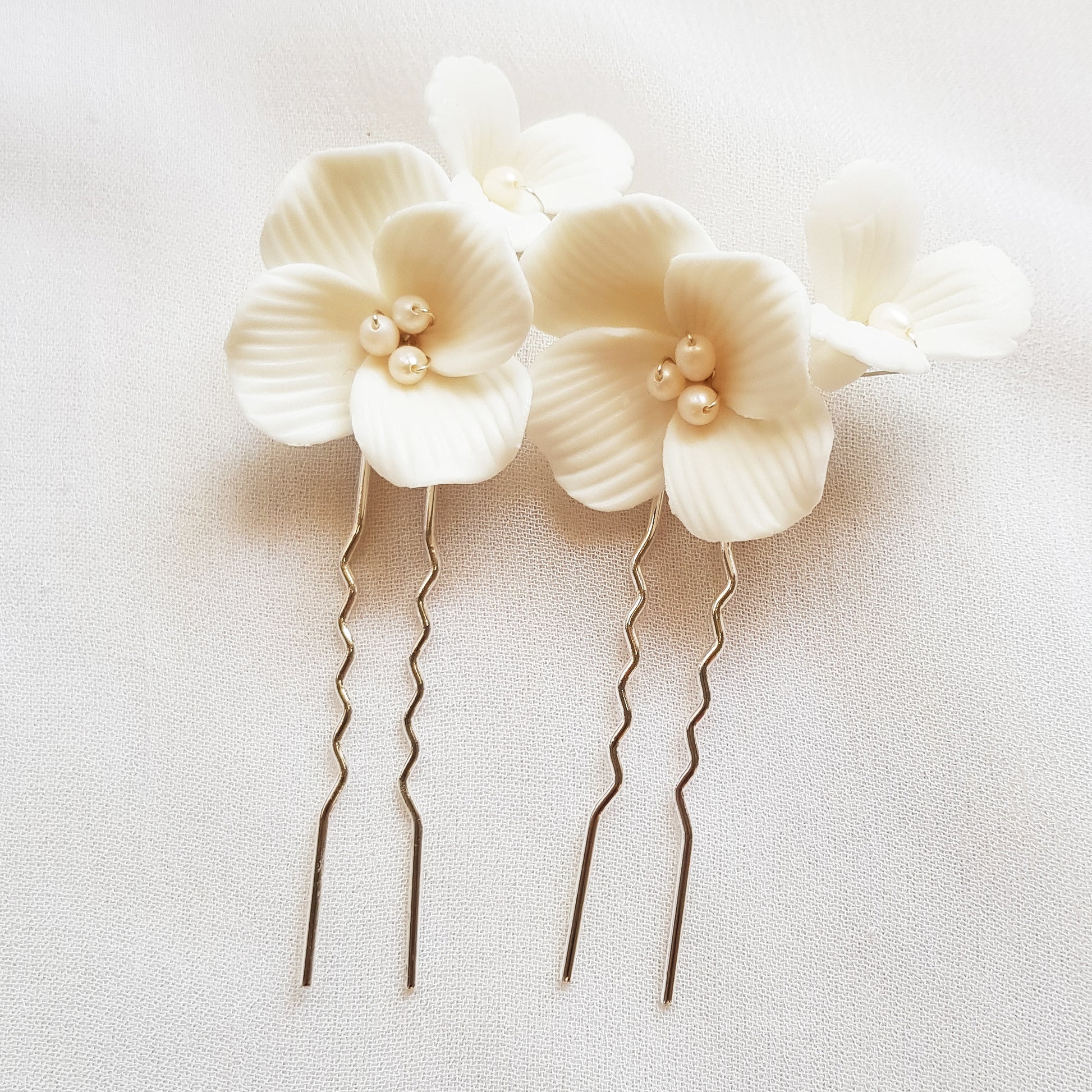 white flower hair pins set of 2, ceramic floral bridal hair accessories