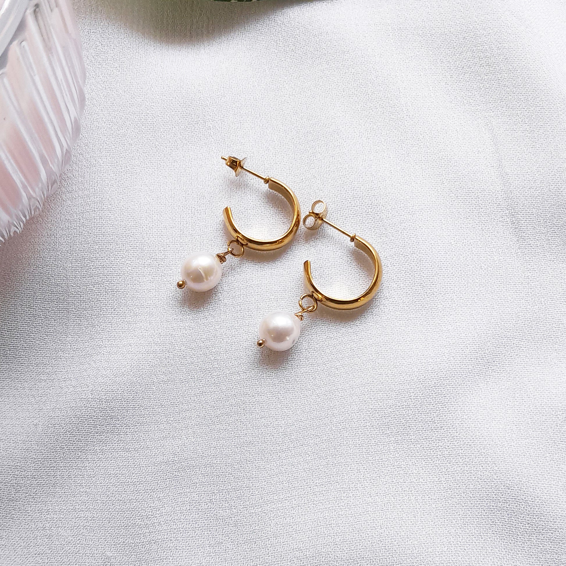 Elegant Half Hoop Earrings with Real Freshwater Pearl charm