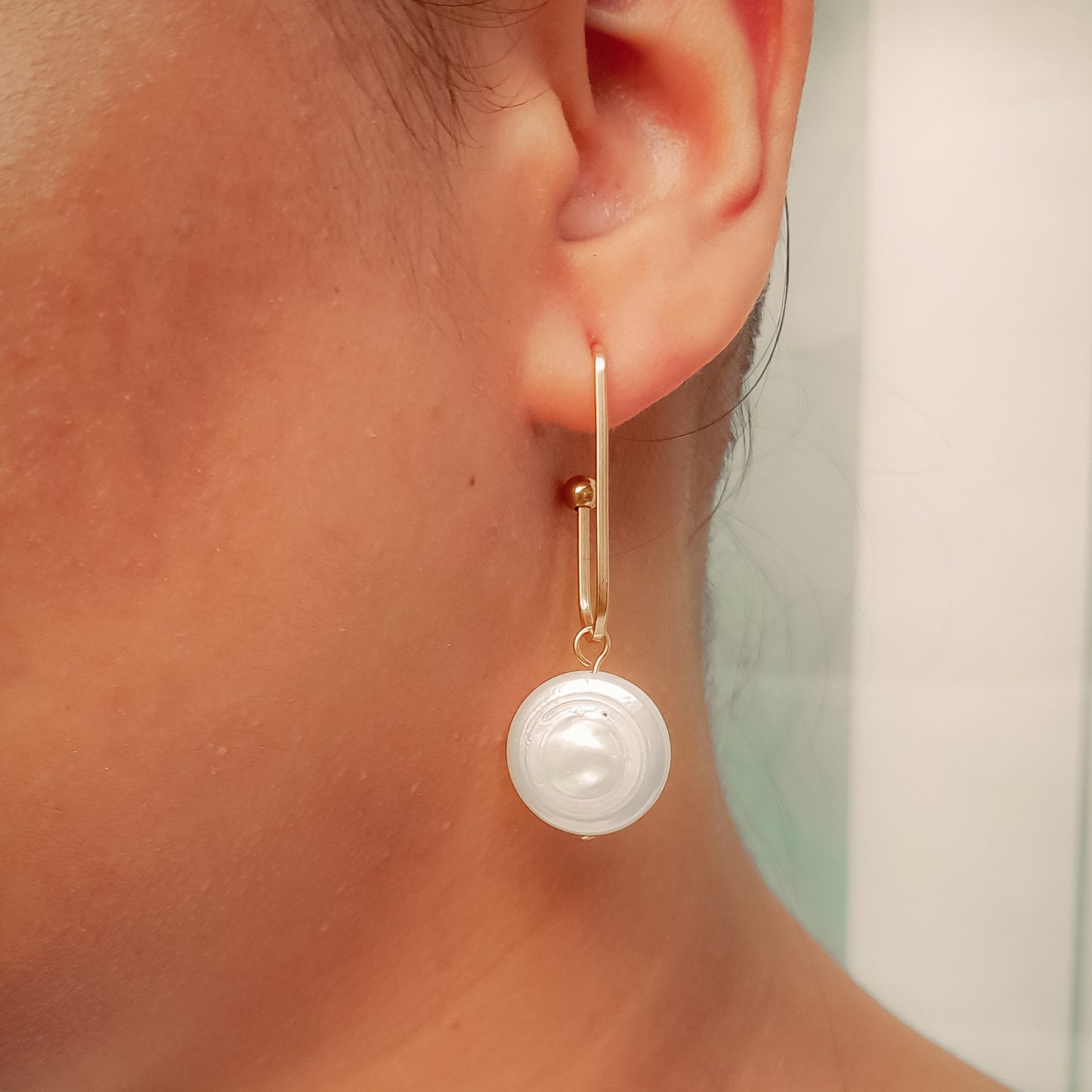 Long freshwater coin pearl drop earrings