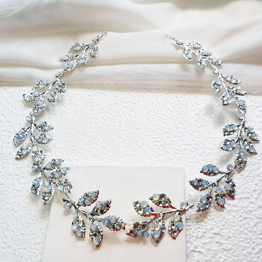 Opal Crystal Silver Leaf Headband | Bridal