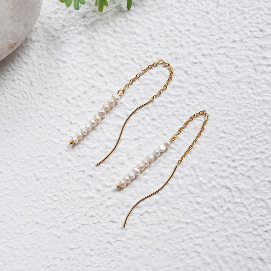 Tiny Pearl Threader Earrings - Waterproof Gold
