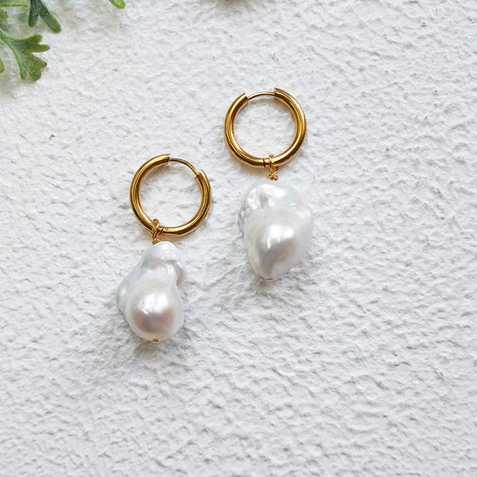 Fireball Pearl Hoop Earrings - Gold Statement