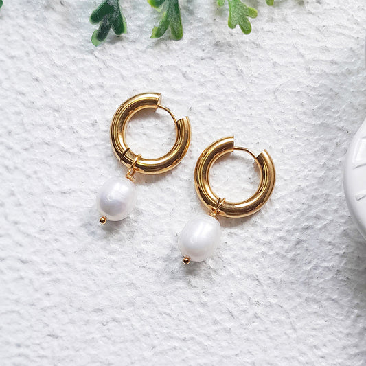 Chunky Gold Pearl Hoop Earrings