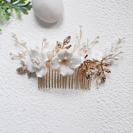 Gold Ceramic Flower Bridal Comb